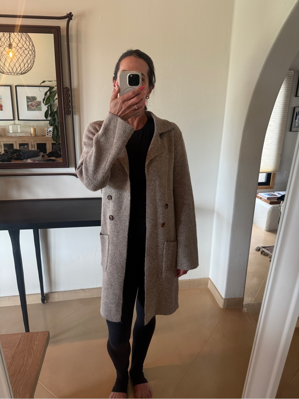 Womens Taupe Long Wool-Blend Coat